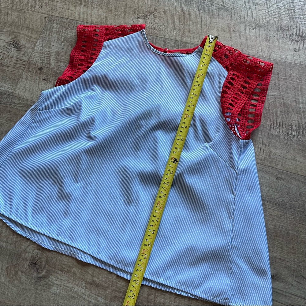 Maeve White Striped Tank with Red Crochet Sleeves - Picture 5 of 6